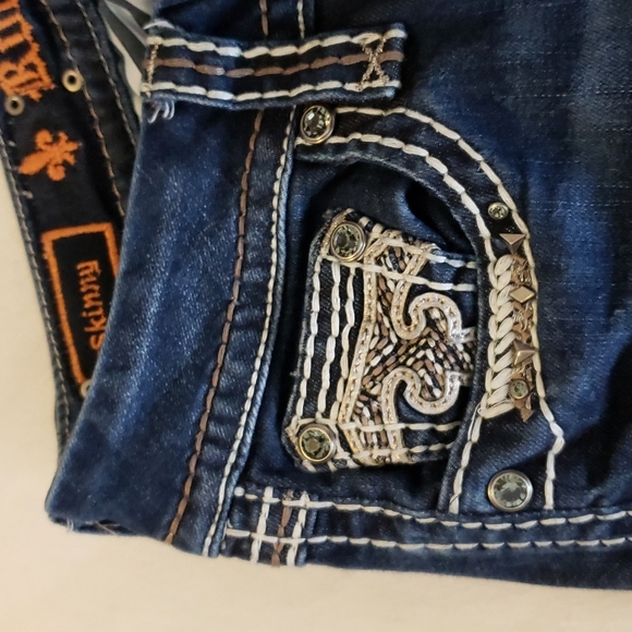 Rock Revival Easy Skinny Chile Blue Jeans Overstitched  Luxury Slip Pocket Chic - Picture 4 of 16
